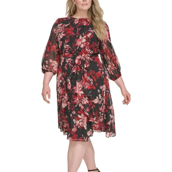 Jessica Howard Plus Size Clip-Dot Chiffon Belted MIDI Dress - Black Red  (NWT) - Picture 2 of 7